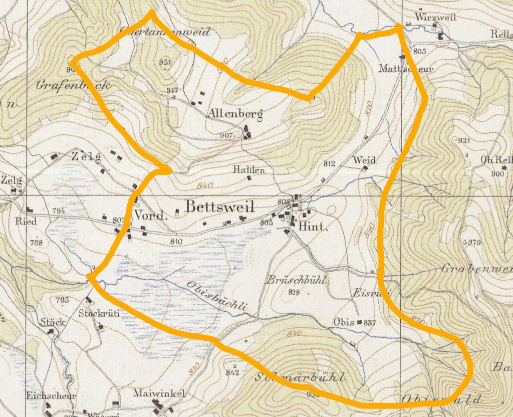 Karte mit der Bettswiler Hofgrenze von 1709