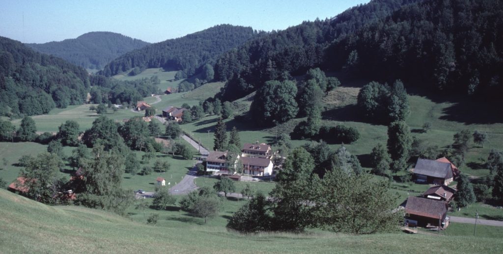 Wirzwil. In der Mitte Sunnemätteli, rechts hinten Bauernhaus Walter Meier, Blick Richtung Rüeggenthal und Stoffel, 1996