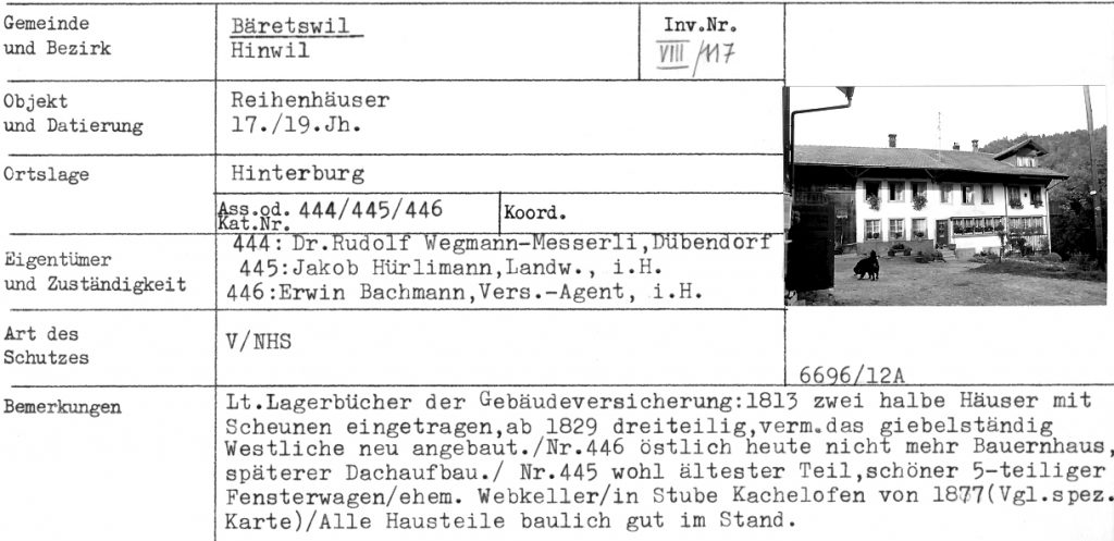 Beispiel eines Inventar-Blattes von Adolf Haederli: Reihenhäuser in der Hinterburg