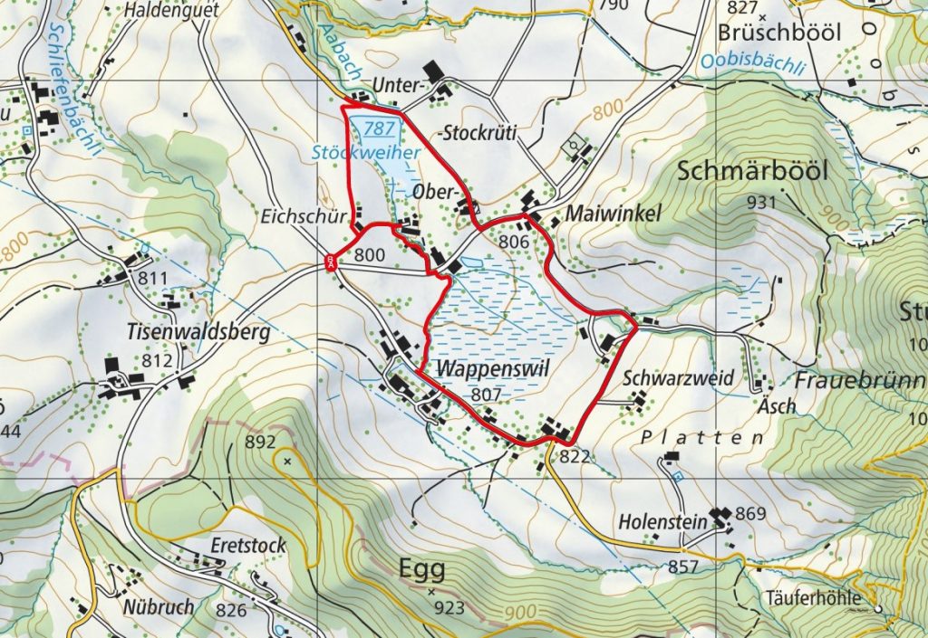 Swisstopo Karte mit dem 50 min. Spaziergang um Stöckweiher und Wappenswilerriet