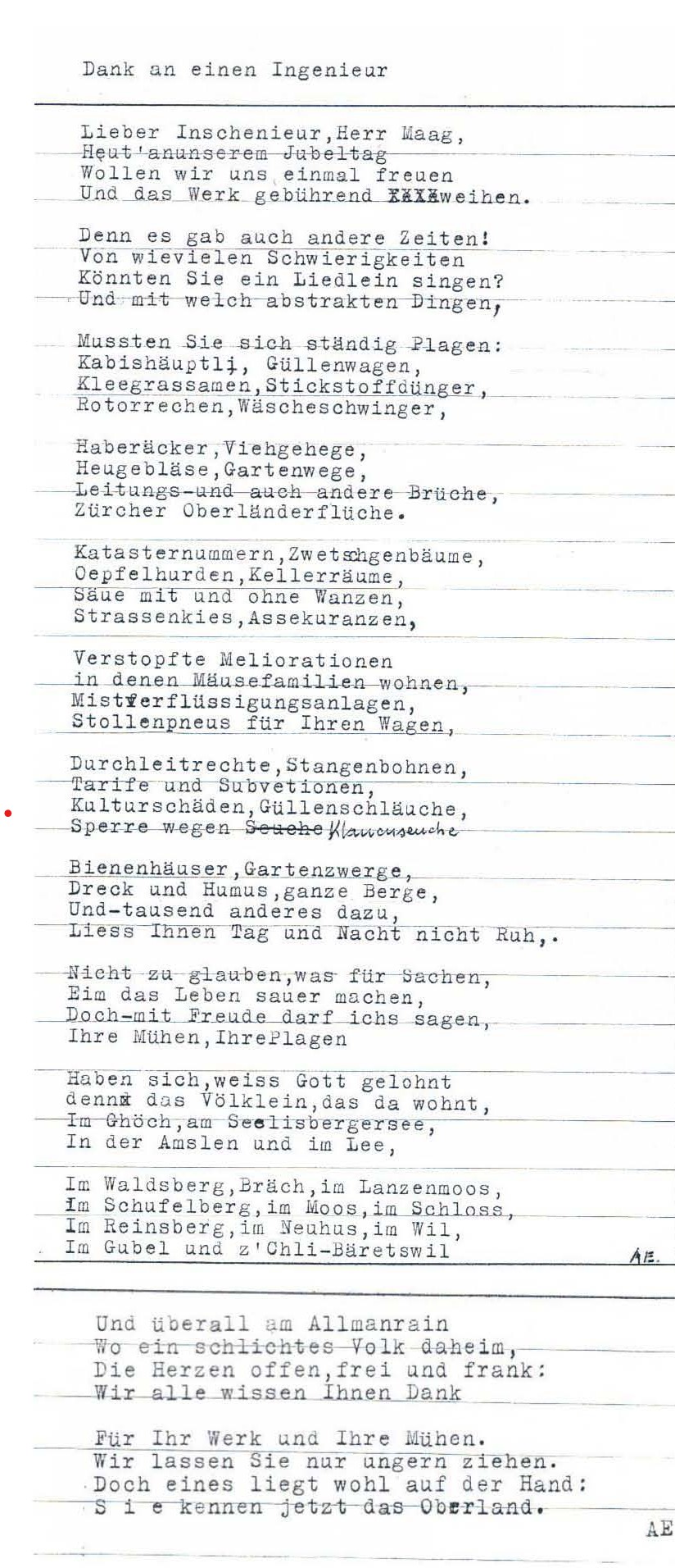 WV Allmann, Einweihung, Gedicht des Präsidenten Albert Egli