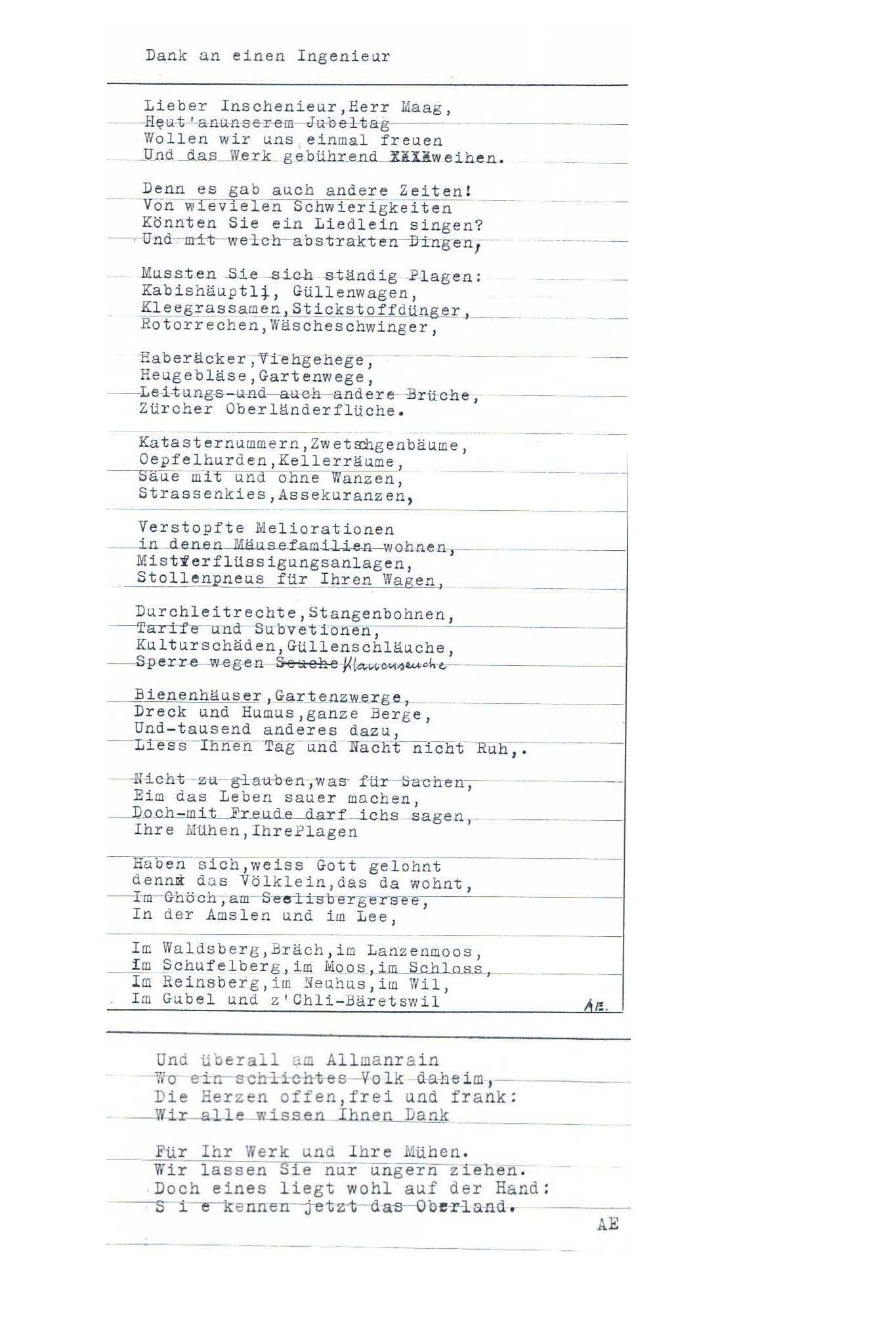 WV Allmann, Einweihung, Gedicht des Präsidenten Albert Egli