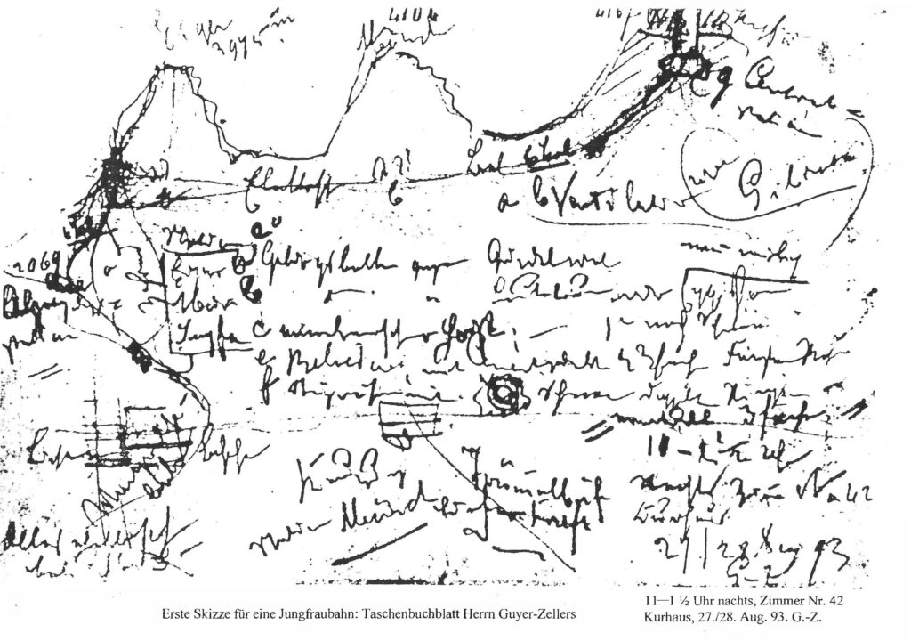 Skizze der Jungfraubahn, Taschenbuchblatt Herrn Guyer-Zellers, 11-1:30 Uhr nachts, Zimmer Nr. 42
 27./28. Aug. 1893
