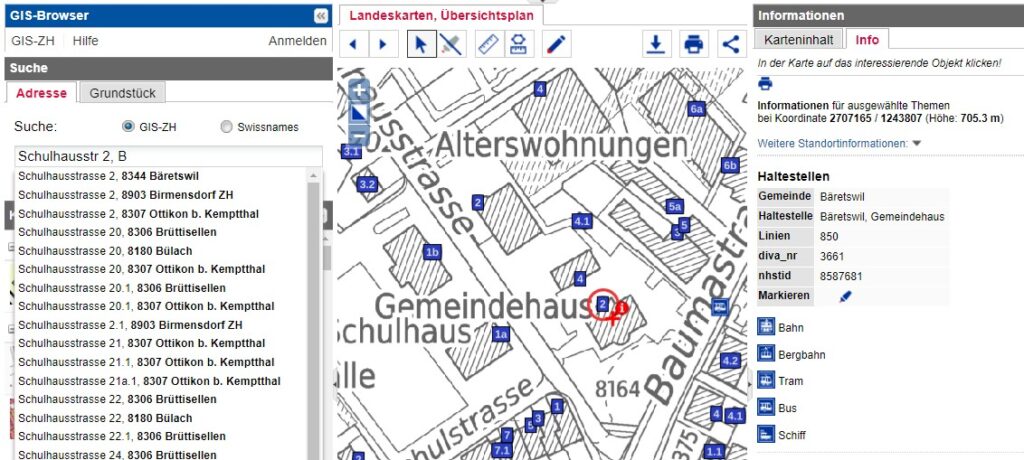 Ausschnitt aus GIS-Browser ZH mit Gemeindehaus, Koordinaten und Zusatzinfo