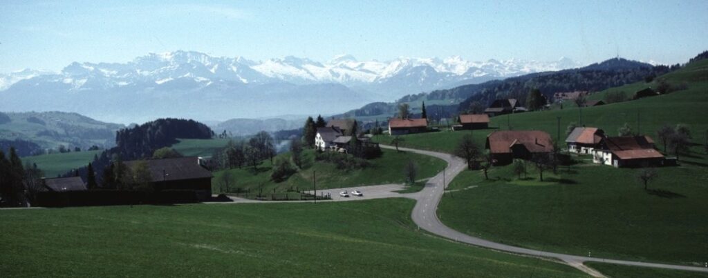 Offener Blick auf das Ghöch Richtung Süden ins Glarnerland mit Glärnisch (Vrenelis Gärtli) und Tödi. Rechts im Bild der Bachtel (1115m).