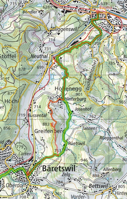 Karte der Wanderung Greifenberg von Gemeindehaus Bäretswil nach Neuthal