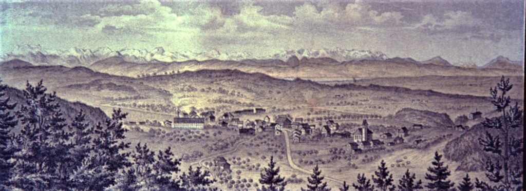 Blick vom Greifenberg auf Bäretswil, ca 1860. vlnr Spörri Fabrik, neuer Bären und Kirche