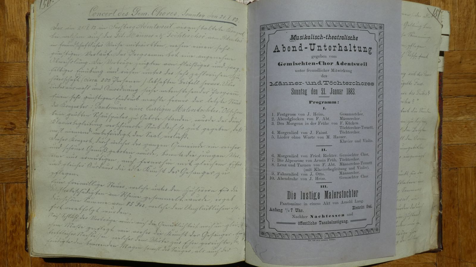 Protokollbuch Adetswiler Chöre, S. G150/51. Concert des Gem. Chores vom 21.1.1883, mit Flyer