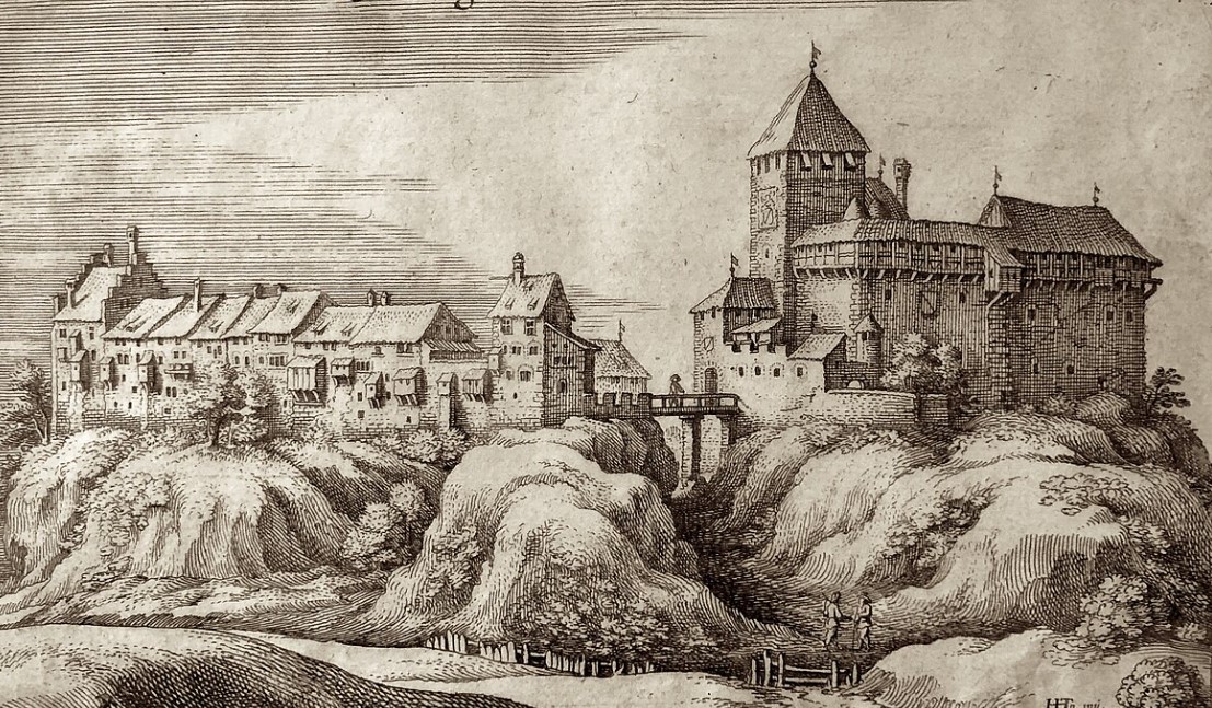 Grüningen, in einem Stich von Matthäus Merian.