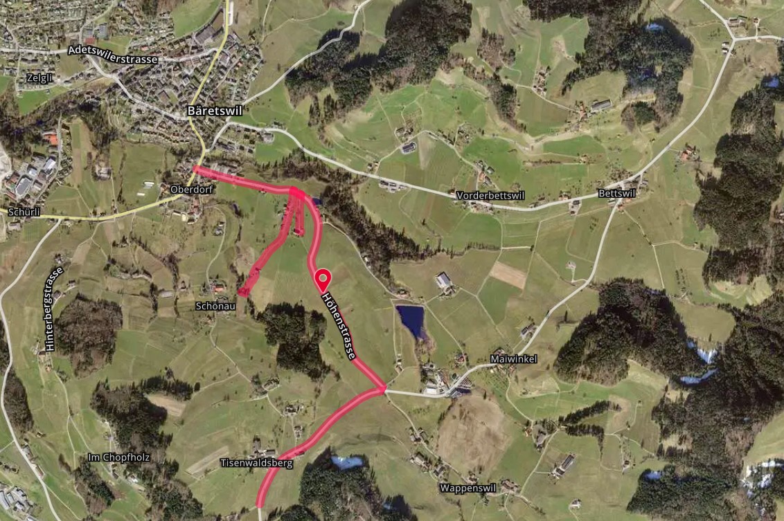 Karte der Höhenstrasse vom Oberdorf bis Tisenwaldsberg