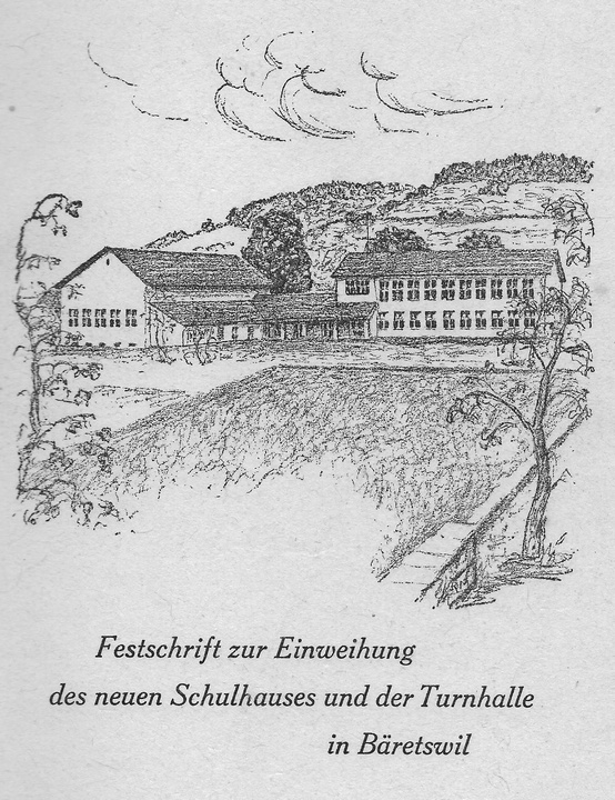 Umschlag der Festschrift zur Einweihung des neuen Schulhauses und der Turnhalle Bäretswil mit
Bild von Reinhold Muggli-Wachter.